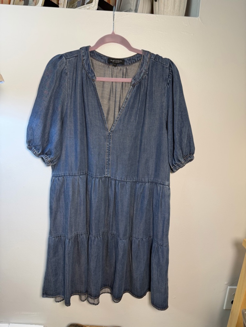 Denim Tiered V-Neck Babydoll Dress - Blue